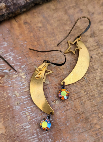 Brass Moon and Star Earrings - Vintage Rhinestones