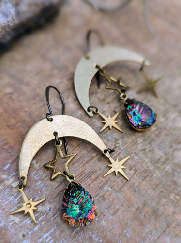 Brass Moon and Star Earrings - Vintage Rhinestones 2