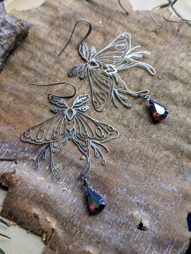 Silvery Luna Moth Earrings - Vintage Rhinestones 4