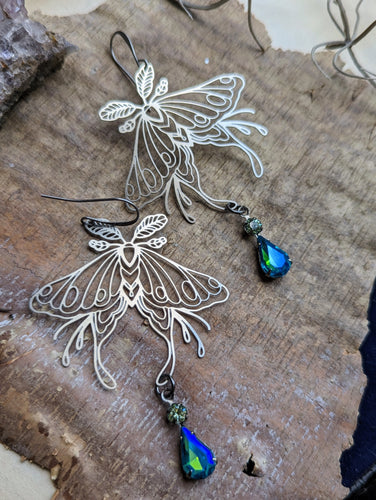 Silvery Luna Moth Earrings - Vintage Rhinestones 1
