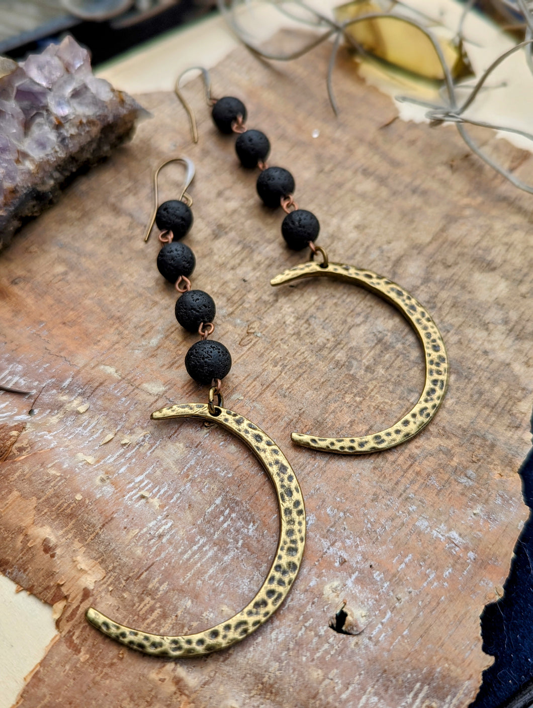 Hammered Brass Moon Earrings with Lava Stone
