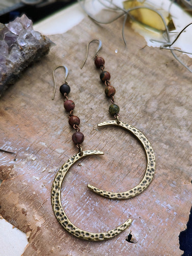 Hammered Brass Moon Earrings with Jasper