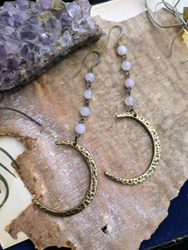 Hammered Brass Moon Earrings with Rose Quartz
