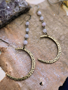 Hammered Brass Moon Earrings with Rose Quartz