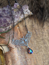 Load image into Gallery viewer, Moth Silvertone Necklace - Purple Drop