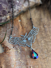 Load image into Gallery viewer, Moth Silvertone Necklace - Purple Drop
