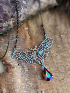 Moth Silvertone Necklace - Purple Drop