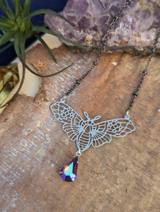 Moth Silvertone Necklace - Purple Drop