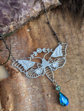 Load image into Gallery viewer, Moonphase Moth Silvertone Necklace - Blue Drop
