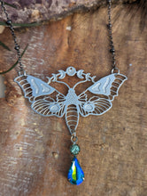 Load image into Gallery viewer, Moonphase Moth Silvertone Necklace - Blue Drop
