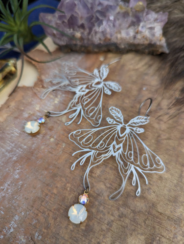 Silvery Luna Moth Earrings - Vintage Rhinestones 5