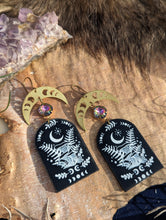 Load image into Gallery viewer, Acrylic Mushroom Earrings with Brass Moon Phase Crescents and Rhinestones