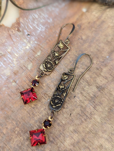 Brass Flower Earrings - Vintage Rhinestones 1