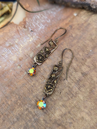 Brass Flower Earrings - Vintage Rhinestones 2
