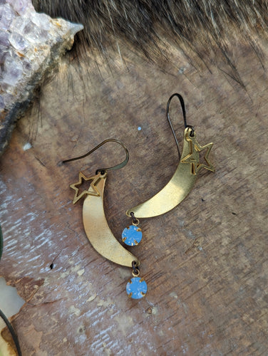 Brass Moon and Star Earrings - Vintage Rhinestones