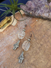 Load image into Gallery viewer, Quartz and Pewter Baba Yaga Hut Earrings