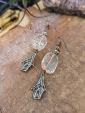 Load image into Gallery viewer, Quartz and Pewter Baba Yaga Hut Earrings