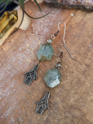Aquamarine and Pewter Baba Yaga Hut Earrings