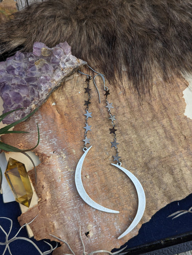 Silver Star Chain Crescent Moon Earrings