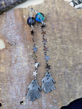 Load image into Gallery viewer, Pewter Ghosts and Crystal Ball Shoulder Duster Earrings