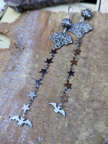 Pewter Bats and Gunmetal Star Shoulder Duster Earrings 1