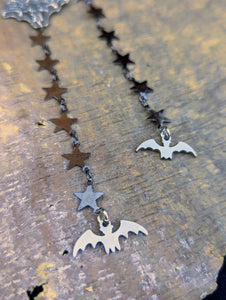 Pewter Bats and Gunmetal Star Shoulder Duster Earrings 1