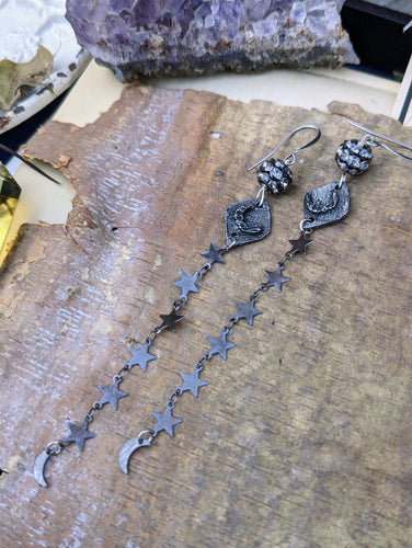 Pewter Moons and Gunmetal Star Shoulder Duster Earrings