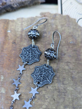 Load image into Gallery viewer, Pewter Spider Web and Gunmetal Star Shoulder Duster Earrings