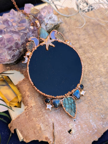 Copper Electroformed Black Obsidian Scrying Mirror Necklace 1