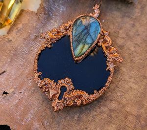 Copper Electroformed Black Obsidian Scrying Mirror Necklace 2