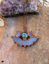 Load image into Gallery viewer, Blue Agate Bat with Abalone and Opalite Moons Triple Goddess Necklace