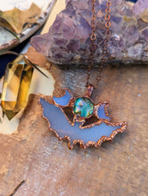 Load image into Gallery viewer, Blue Agate Bat with Abalone and Opalite Moons Triple Goddess Necklace