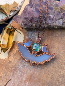Blue Agate Bat with Abalone and Opalite Moons Triple Goddess Necklace
