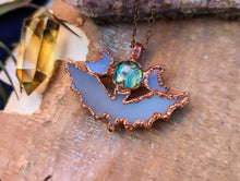 Load image into Gallery viewer, Blue Agate Bat with Abalone and Opalite Moons Triple Goddess Necklace
