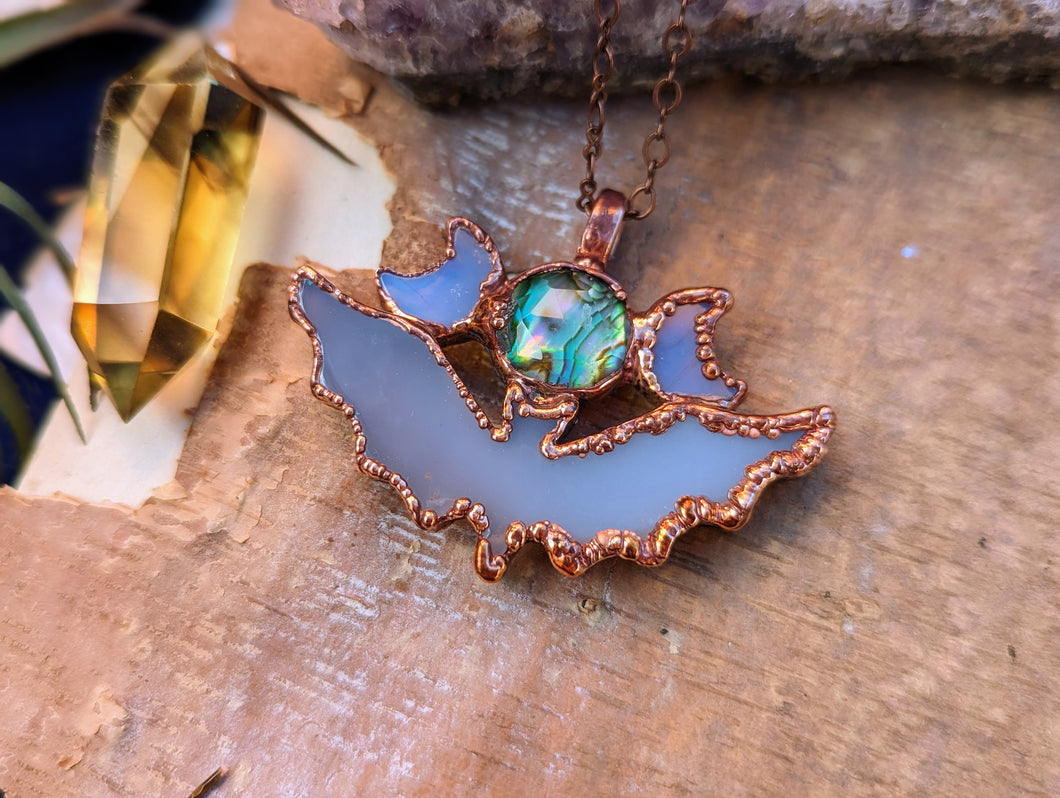 Blue Agate Bat with Abalone and Opalite Moons Triple Goddess Necklace