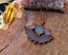 Load image into Gallery viewer, Blue Agate Bat with Druzy and Aura Quartz Triple Goddess Necklace