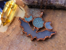 Load image into Gallery viewer, Blue Agate Bat with Druzy and Aura Quartz Triple Goddess Necklace