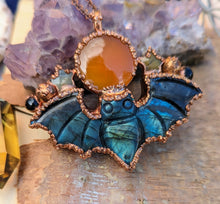 Load image into Gallery viewer, Carved Labradorite Bat with Orange Onyx and Lemon Dendrite Stars Necklace