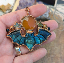 Load image into Gallery viewer, Carved Labradorite Bat with Orange Onyx and Lemon Dendrite Stars Necklace