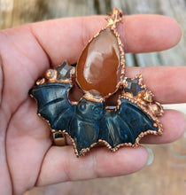 Load image into Gallery viewer, Carved Labradorite Bat with Orange Onyx and Grey Moonstone Stars Necklace