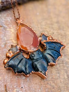 Carved Labradorite Bat with Orange Onyx and Grey Moonstone Stars Necklace