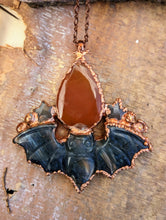 Load image into Gallery viewer, Carved Labradorite Bat with Orange Onyx and Grey Moonstone Stars Necklace