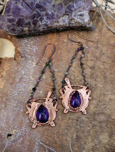 Copper Electroformed Amethyst Cauldron Earrings