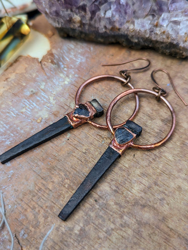 Copper Electroformed Coffin Nail Earrings - Rutilated Quartz