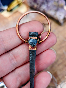 Copper Electroformed Coffin Nail Earrings - Rutilated Quartz