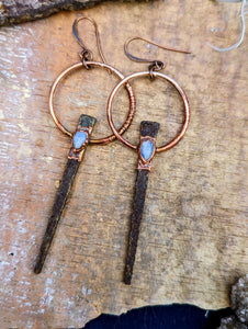 Copper Electroformed Coffin Nail Earrings - Moonstone Teardrops