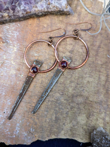 Copper Electroformed Coffin Nail Earrings - Garnets