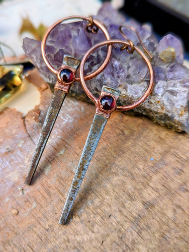 Copper Electroformed Coffin Nail Earrings - Garnets
