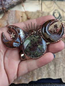 Electroformed Moss Agate Triple Moon Goddess Necklace 1