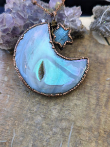 Electroformed Aura Agate Druzy Moon Necklace with Labradorite Star 3